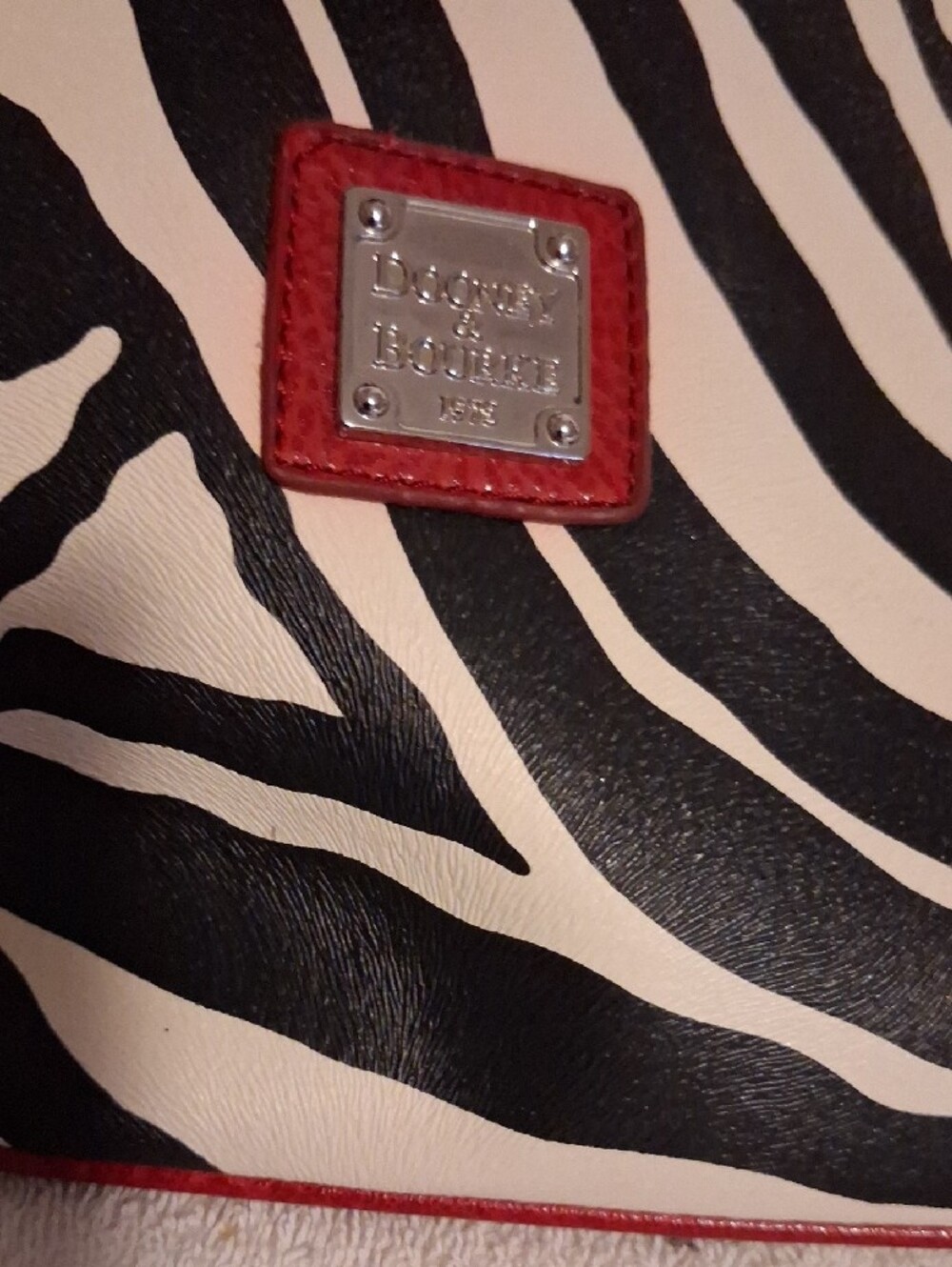 Dooney & Bourke Black and Cream Zebra-Print Shoulder Bag with Red Trim - Picture 2 of 14